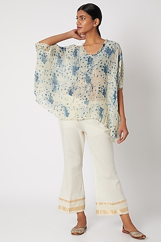 Ecru White & Indigo Blue Printed Top by Krishna Mehta