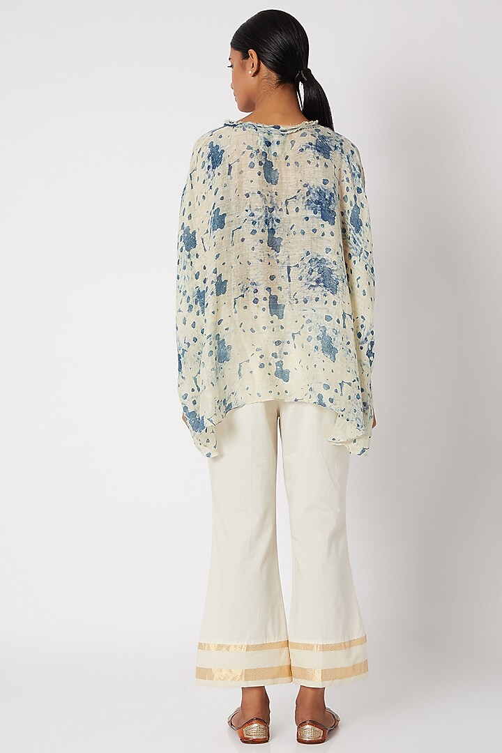 Ecru White & Indigo Blue Printed Top by Krishna Mehta at Pernia's Pop Up Shop