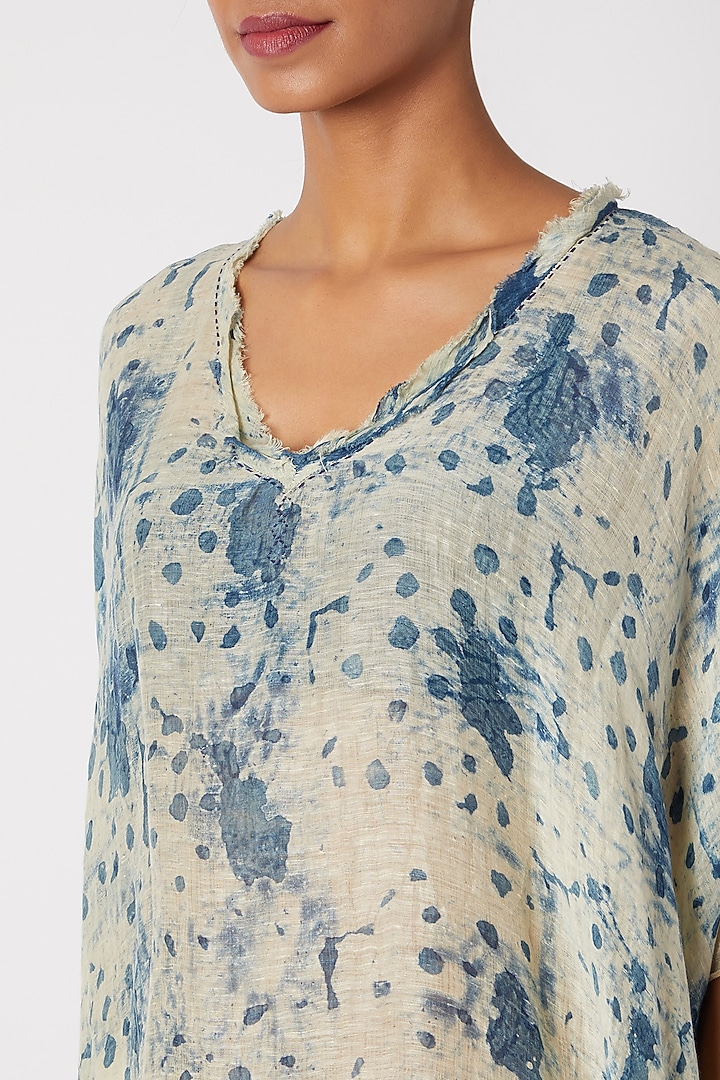 Ecru White & Indigo Blue Printed Top by Krishna Mehta at Pernia's Pop Up Shop