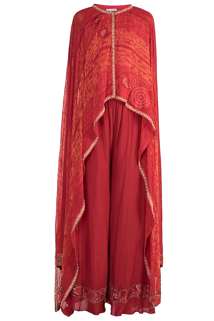 Tomato Red Printed Embroidered Top With Palazzo Pants by Krishna Mehta