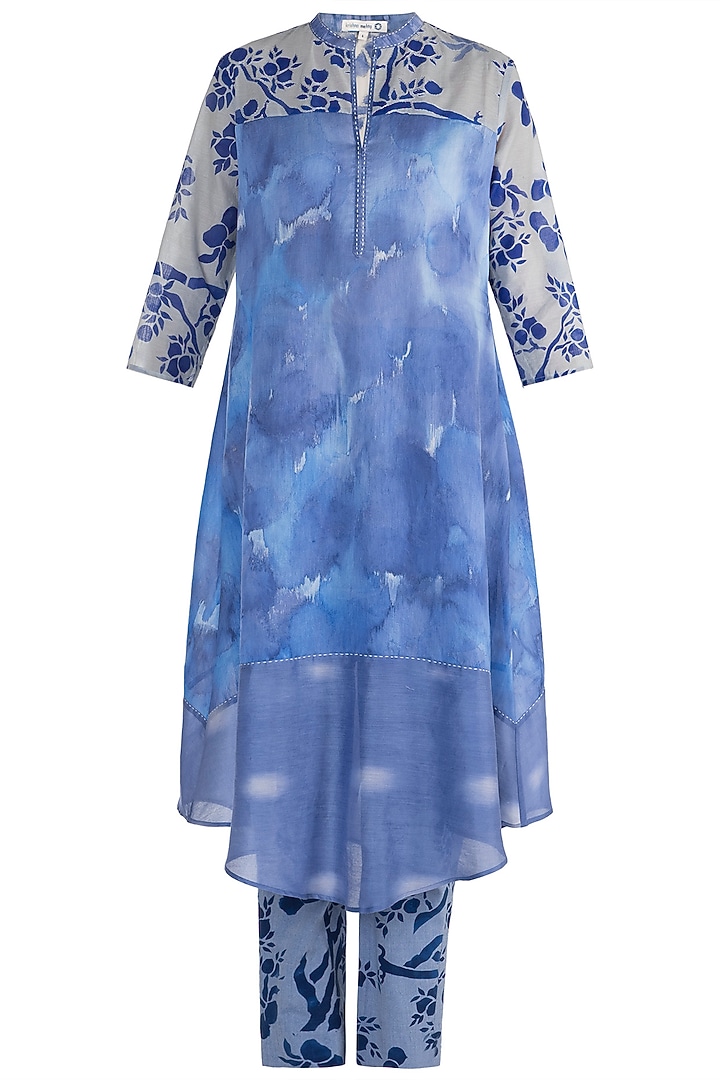 Blue & Purple Printed Embroidered Tunic With Pants by Krishna Mehta at Pernia's Pop Up Shop