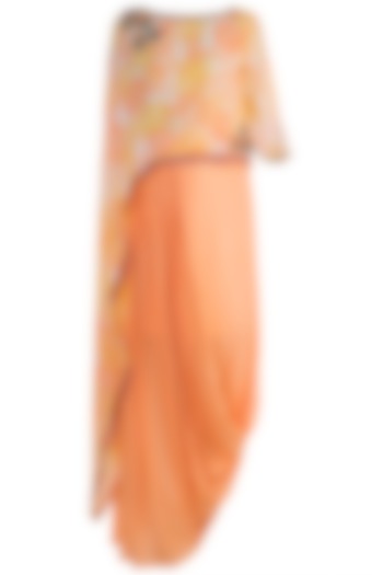 Peach Embroidered Printed Asymmetrical Top With Draped Skirt by Krishna Mehta