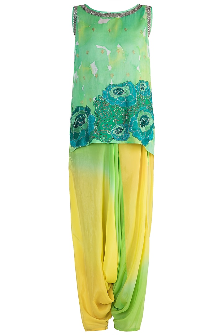 Green & Yellow Printed Embroidered Shaded Top WIth Dhoti Pants by Krishna Mehta