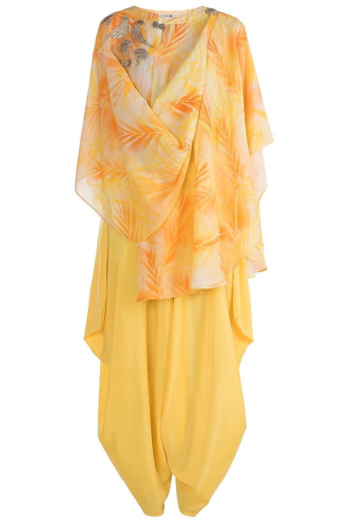 Yellow & Orange Embroidered Printed Top With Dhoti Pants by Krishna Mehta