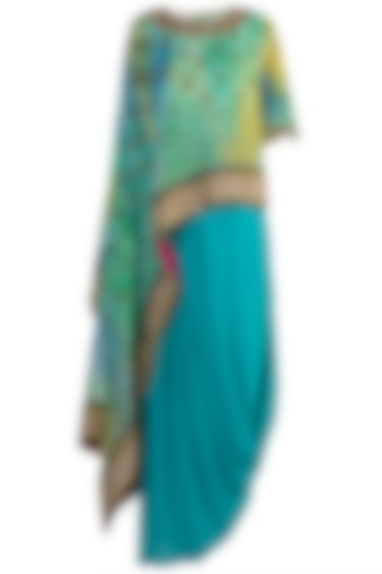 Blue Marble Dye Printed Embroidered Top With Draped Skirt by Krishna Mehta