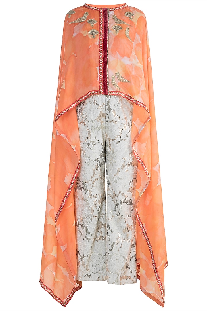 Peach Embroidered Printed Top With Palazzo Pants by Krishna Mehta