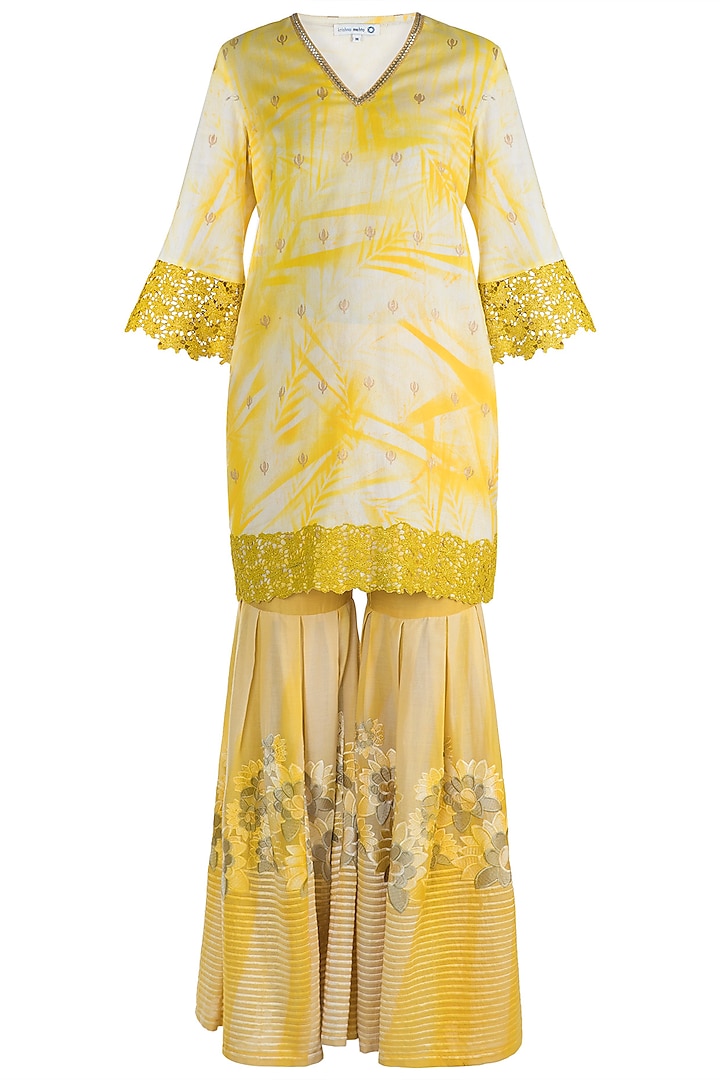 Yellow Embroidered & Tie-Dye Printed Sharara Set by Krishna Mehta
