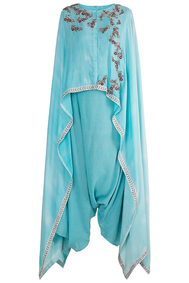 Turquoise Embroidered Printed High-Low Top With Dhoti Pants by Krishna Mehta