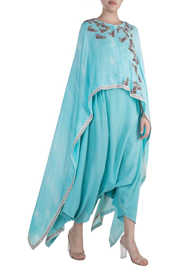 Turquoise Embroidered Printed High-Low Top With Dhoti Pants by Krishna Mehta at Pernia's Pop Up Shop