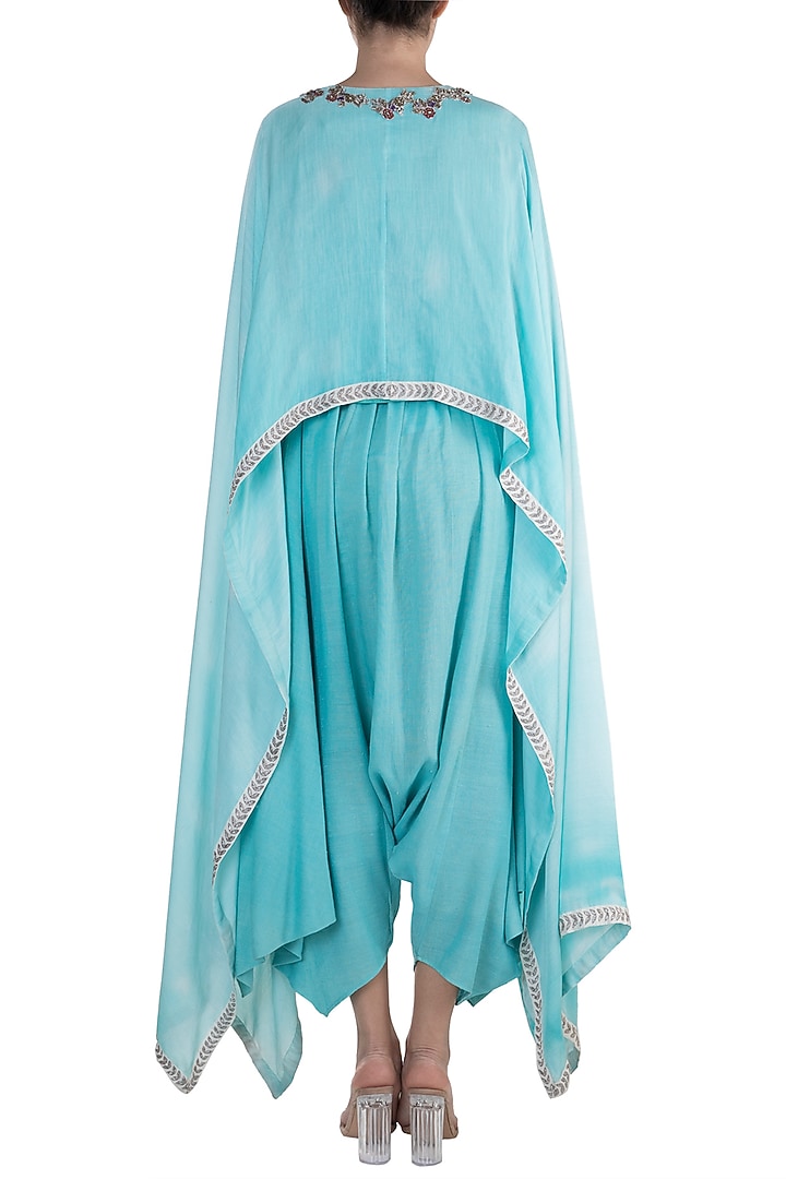 Turquoise Embroidered Printed High-Low Top With Dhoti Pants by Krishna Mehta at Pernia's Pop Up Shop