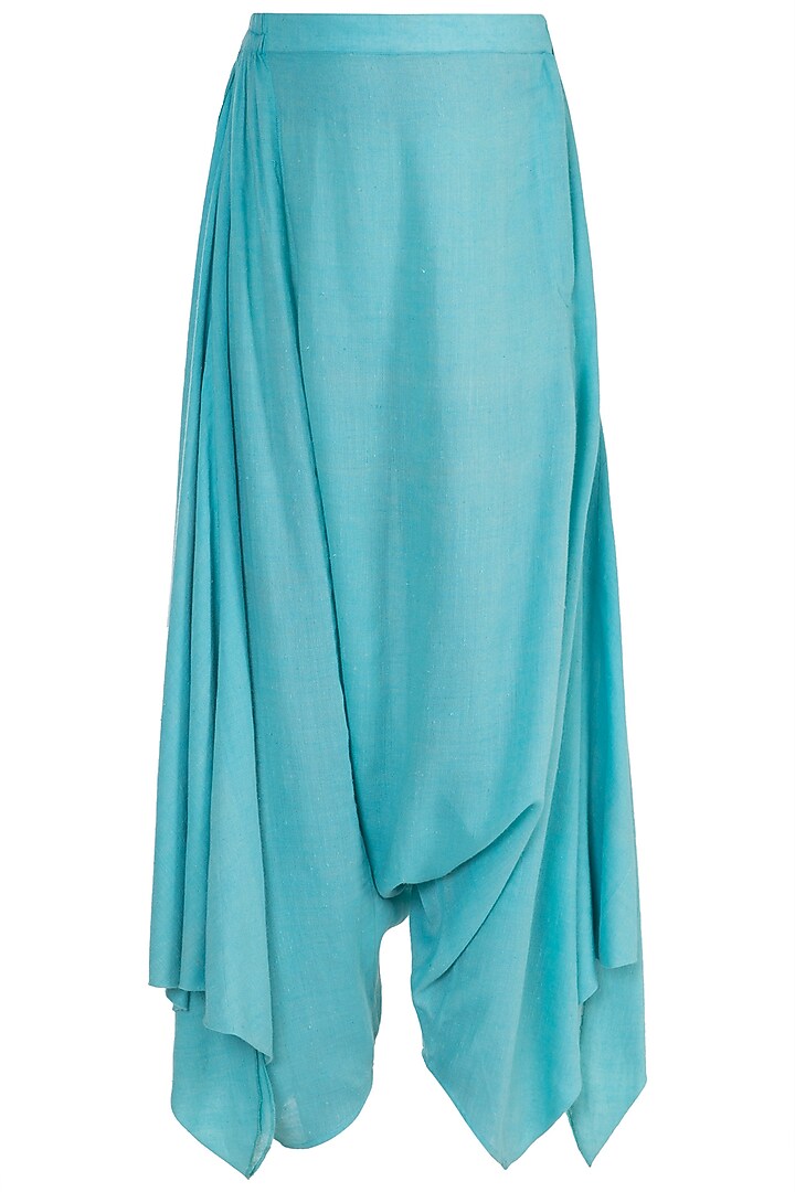 Turquoise Embroidered Printed High-Low Top With Dhoti Pants by Krishna Mehta at Pernia's Pop Up Shop