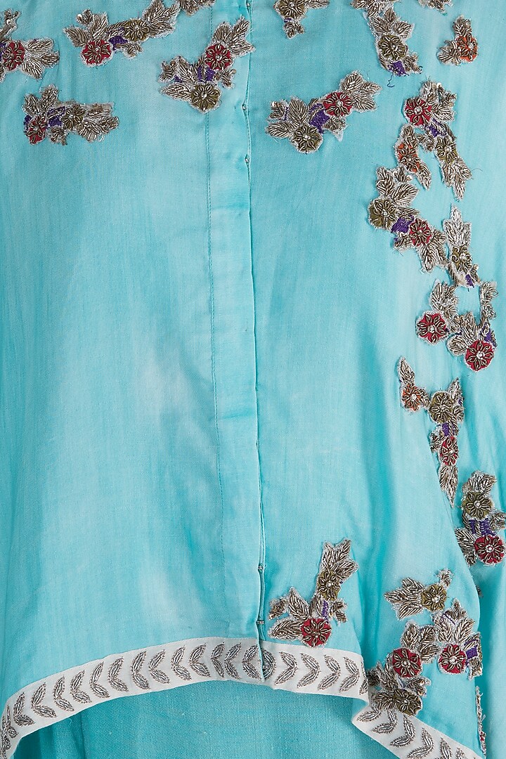 Turquoise Embroidered Printed High-Low Top With Dhoti Pants by Krishna Mehta at Pernia's Pop Up Shop