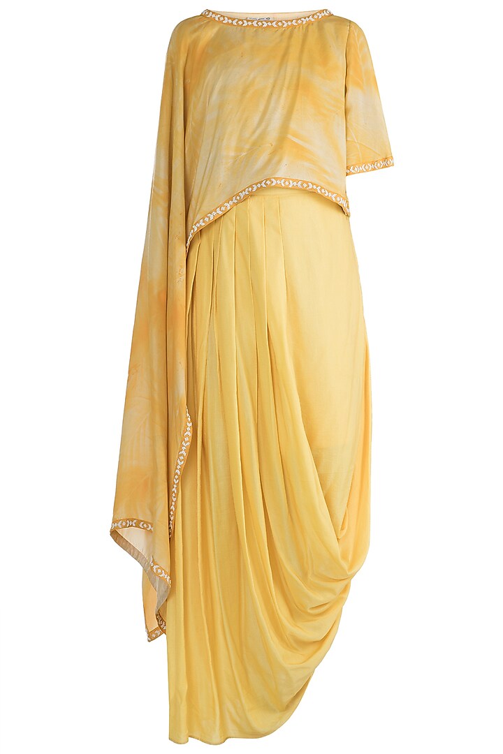 Yellow Embellished Printed Draped Top With Skirt by Krishna Mehta
