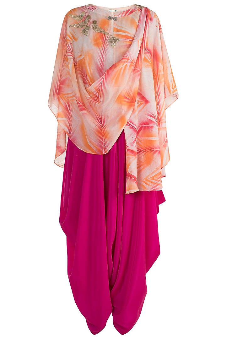Pink & Orange Embroidered & Tie-Dye Printed Top With Dhoti Pants by Krishna Mehta
