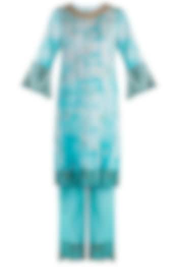 Turquoise Embroidered Printed Kurta Set by Krishna Mehta at Pernia's Pop Up Shop