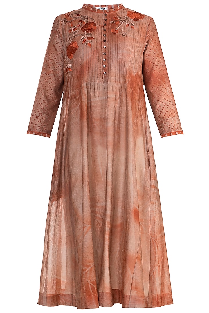 Rust Printed Embroidered Tunic by Krishna Mehta