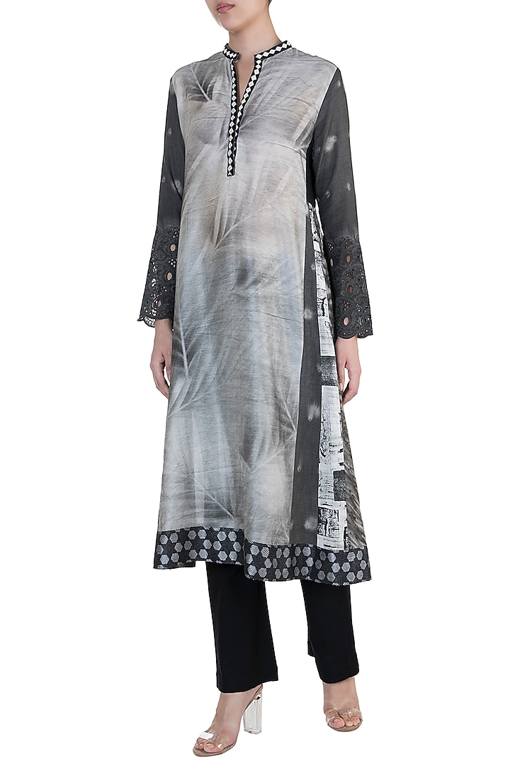 Black Printed Embroidered Tunic With Slip by Krishna Mehta at Pernia's Pop Up Shop