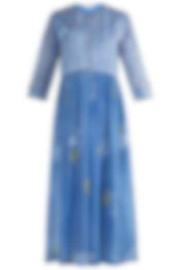 Blue Printed Embellished Midi Dress by Krishna Mehta