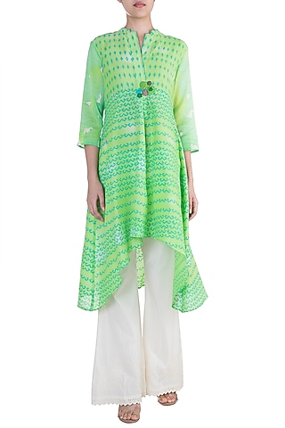 Green Printed Embroidered Tunic by Krishna Mehta