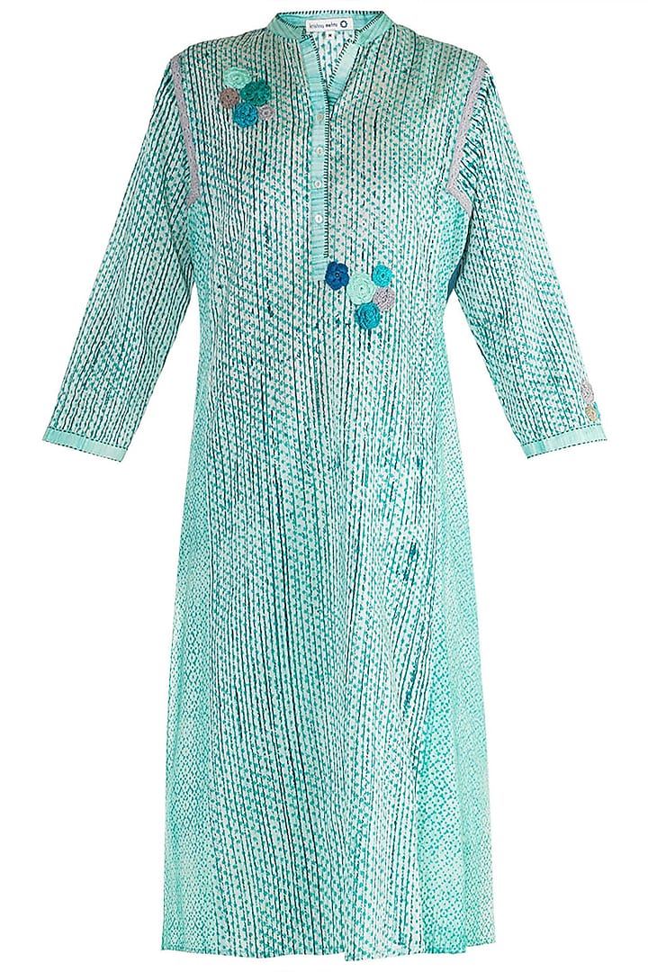 Turquoise Printed Embroidered Tunic by Krishna Mehta