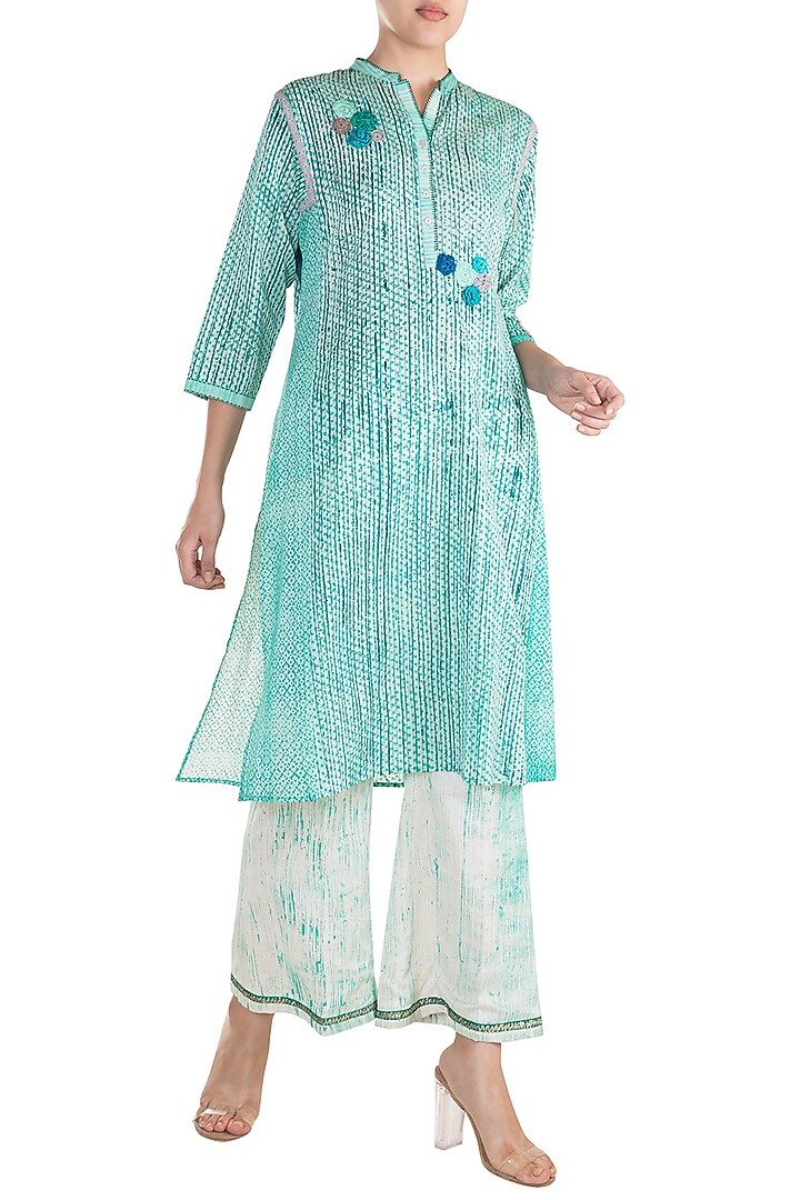 Turquoise Printed Embroidered Tunic by Krishna Mehta at Pernia's Pop Up Shop
