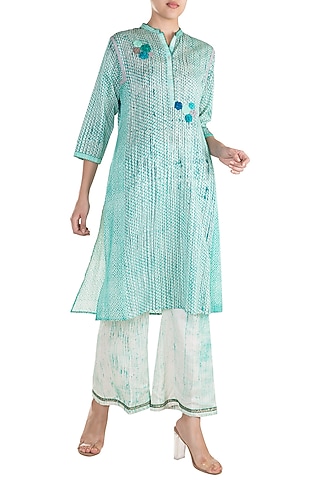 Turquoise Printed Embroidered Tunic by Krishna Mehta