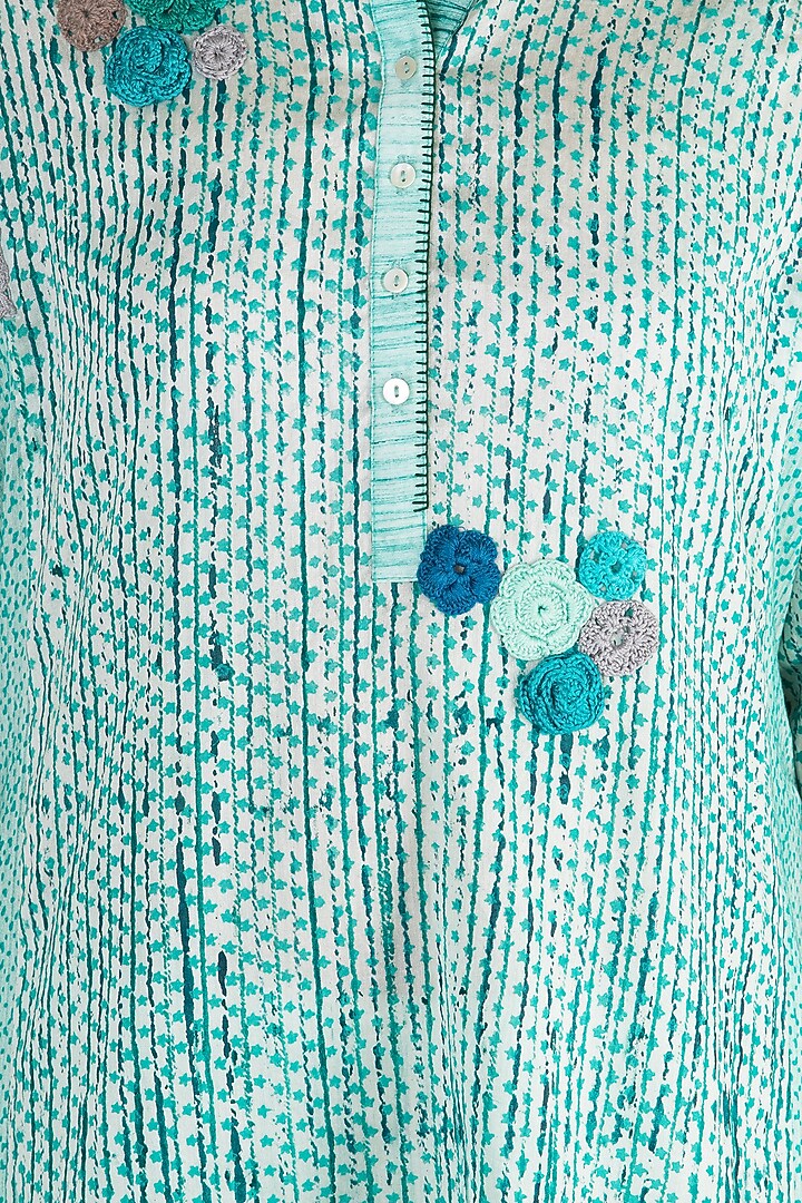 Turquoise Printed Embroidered Tunic by Krishna Mehta at Pernia's Pop Up Shop