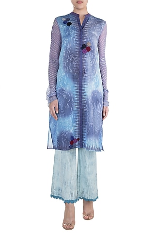 Blue Printed & Crochet Embroidered Tunic by Krishna Mehta