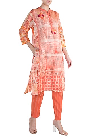 Orange Embroidered Printed Tunic by Krishna Mehta