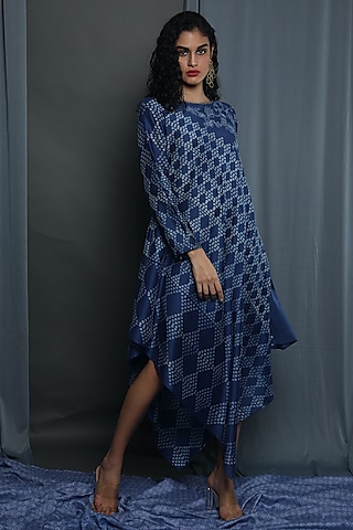 Indigo Chanderi Printed Tunic by Krishna Mehta