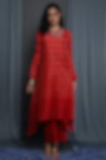 Red Chanderi Block Printed Tunic by Krishna Mehta