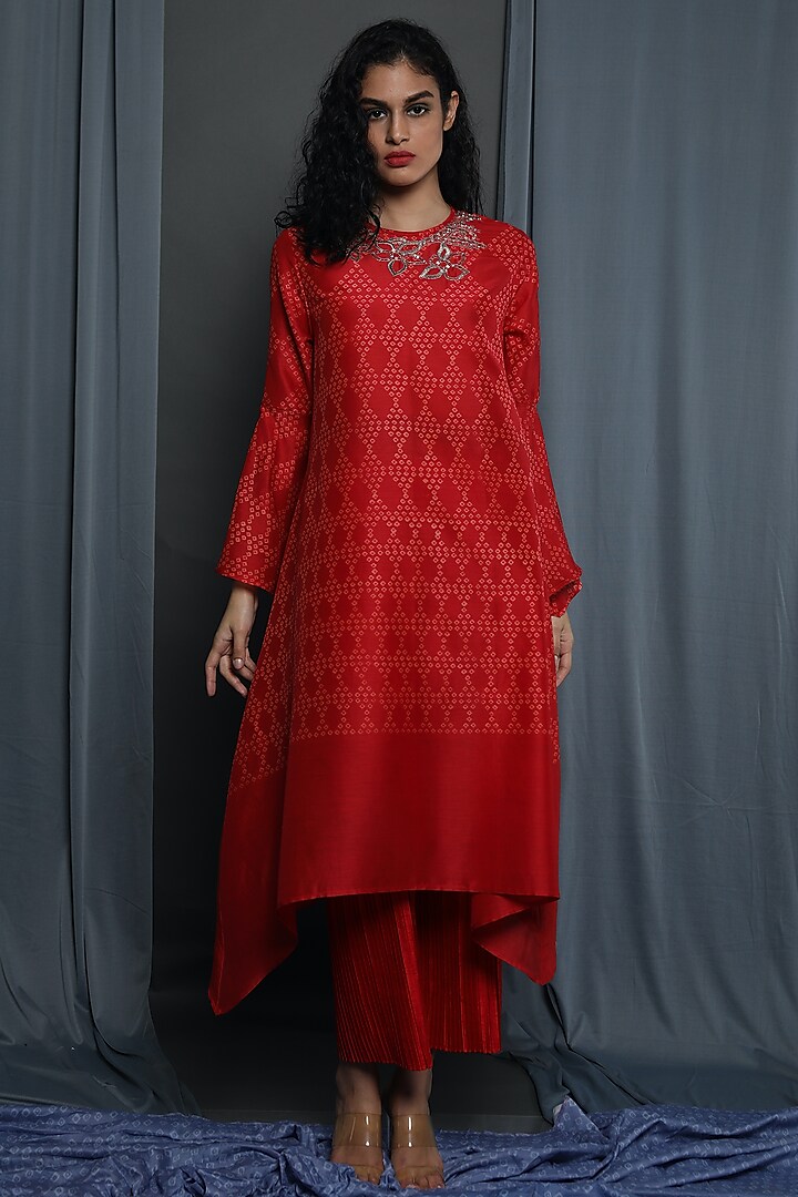 Red Chanderi Block Printed Tunic by Krishna Mehta