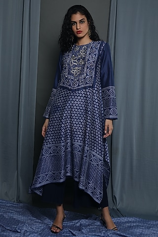 Indigo Chanderi Block Printed Tunic by Krishna Mehta