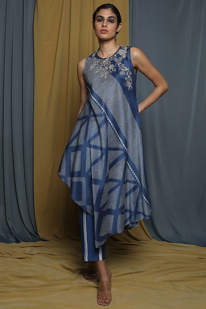 Blue Chanderi Block Printed Asymmetric Tunic by Krishna Mehta