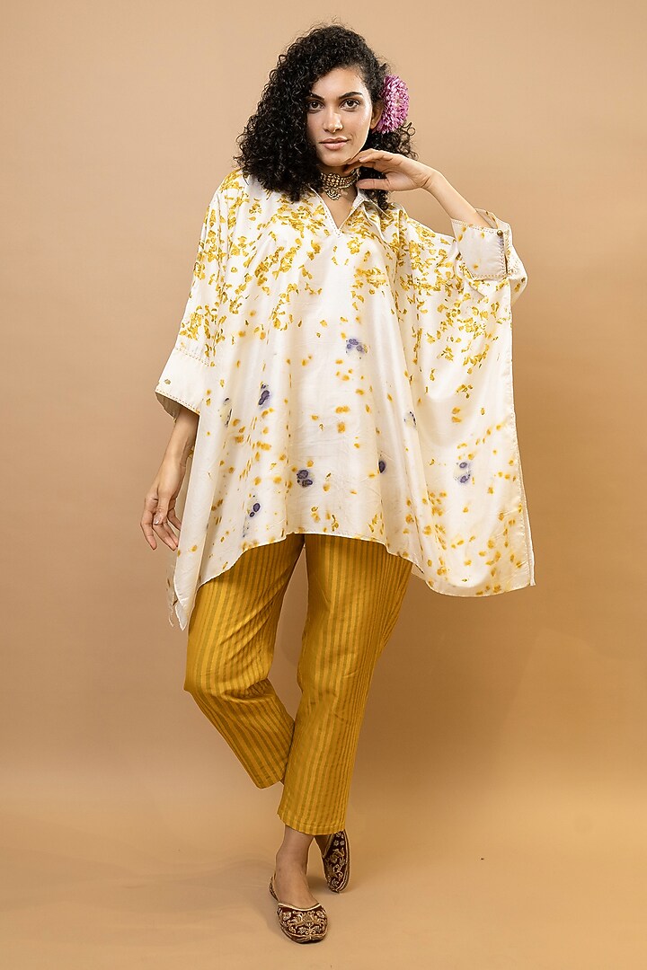 Ivory & Marigold Yellow Pure Silk Floral Printed Co-Ord Set by Krishna Mehta at Pernia's Pop Up Shop