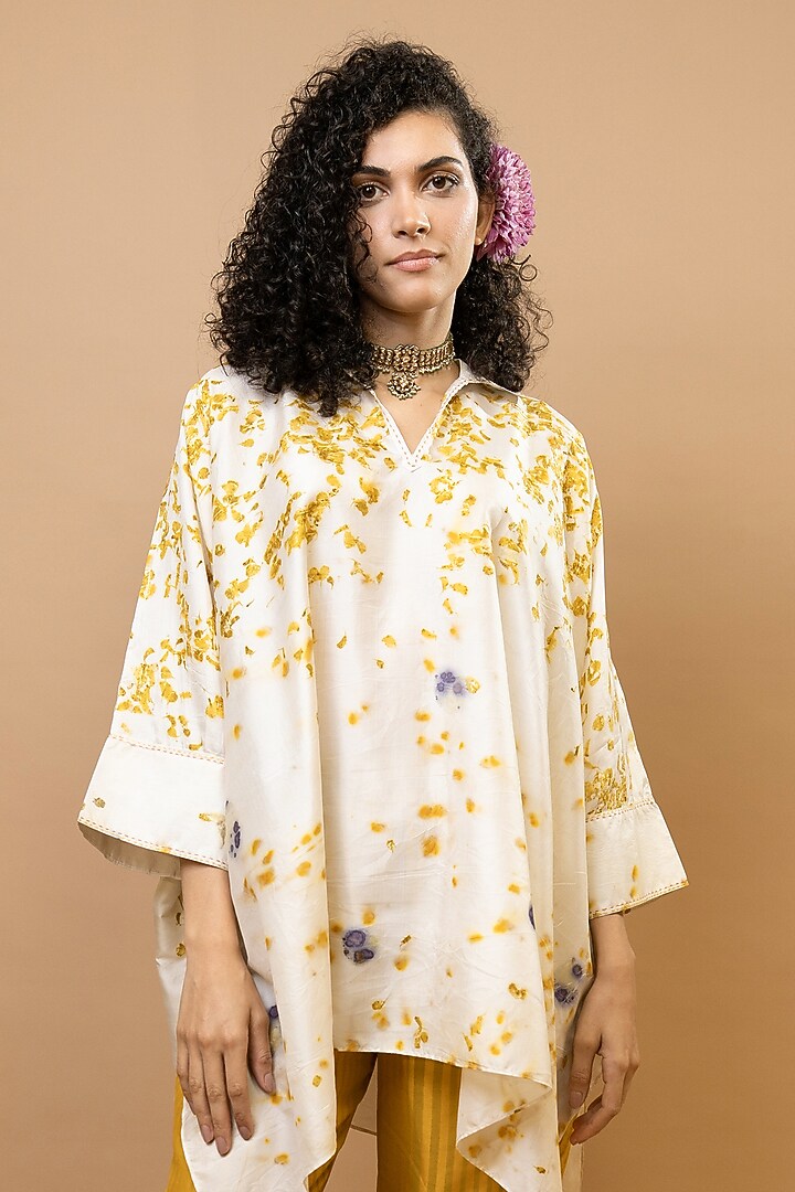 Ivory & Marigold Yellow Pure Silk Floral Printed Co-Ord Set by Krishna Mehta at Pernia's Pop Up Shop