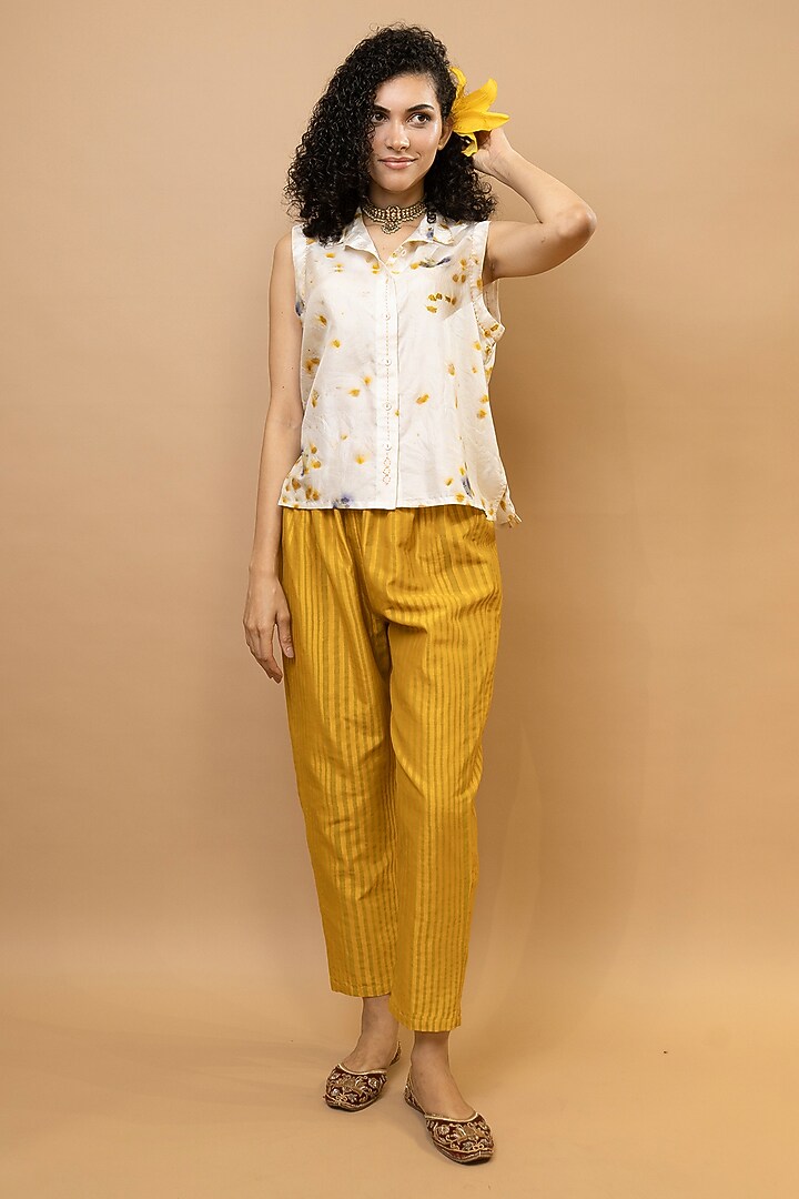 Ivory & Marigold Yellow Pure Silk Floral Printed Co-Ord Set by Krishna Mehta at Pernia's Pop Up Shop