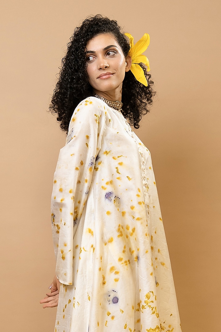 Ivory & Marigold Yellow Pure Silk Floral Printed Tunic Set by Krishna Mehta at Pernia's Pop Up Shop