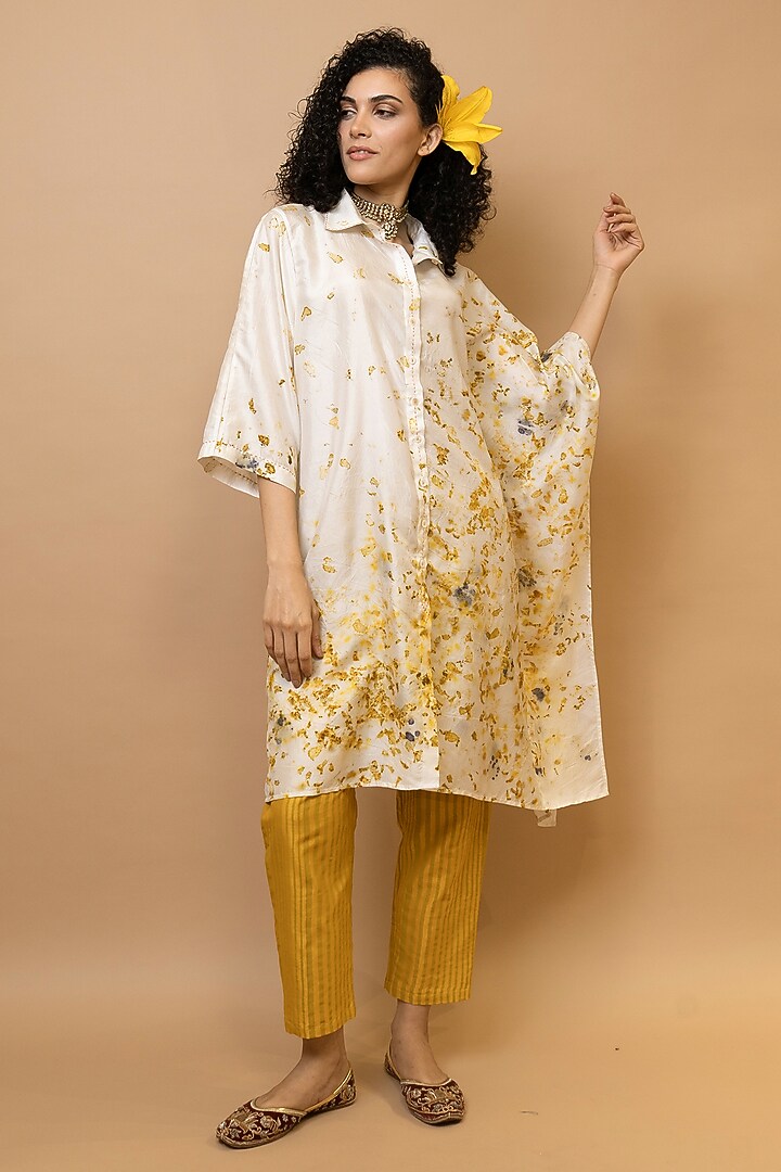 Ivory & Marigold Yellow Pure Silk Floral Printed One-Shoulder Shirt Tunic Set by Krishna Mehta at Pernia's Pop Up Shop