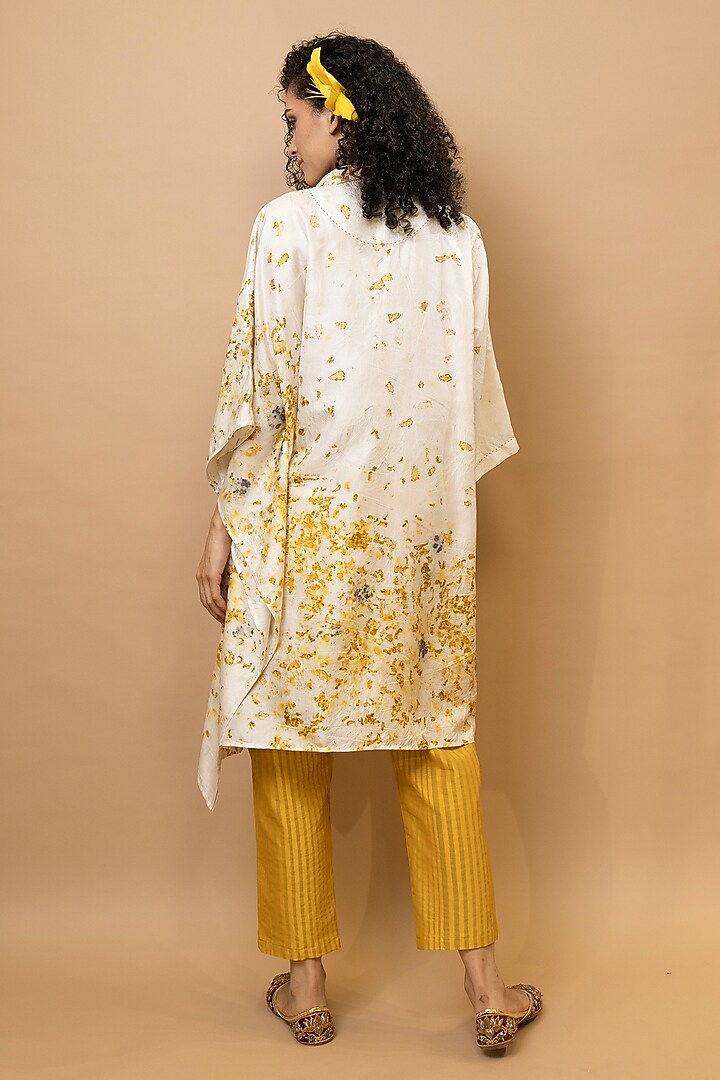 Ivory & Marigold Yellow Pure Silk Floral Printed One-Shoulder Shirt Tunic Set by Krishna Mehta at Pernia's Pop Up Shop