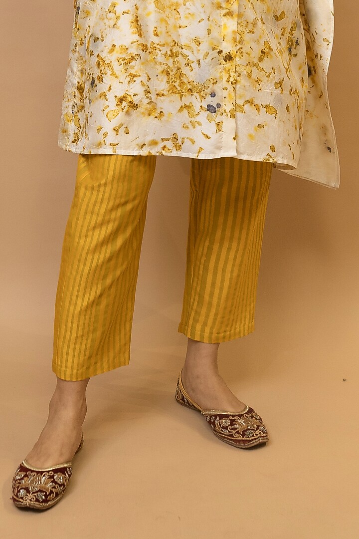 Ivory & Marigold Yellow Pure Silk Floral Printed One-Shoulder Shirt Tunic Set by Krishna Mehta at Pernia's Pop Up Shop
