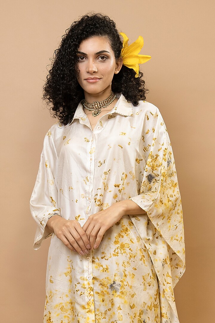 Ivory & Marigold Yellow Pure Silk Floral Printed One-Shoulder Shirt Tunic Set by Krishna Mehta at Pernia's Pop Up Shop