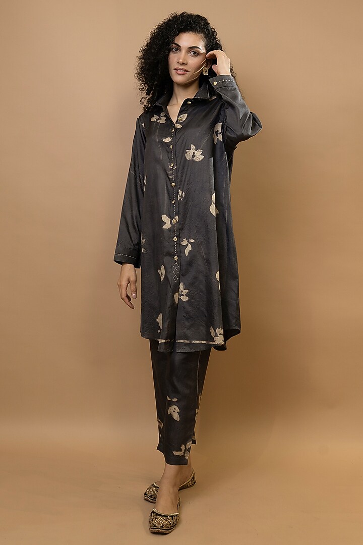 Choco-Natural Pure Silk & Cotton Silk Shirt Tunic Set by Krishna Mehta at Pernia's Pop Up Shop