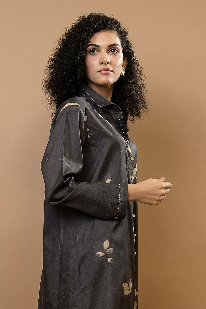 Choco-Natural Pure Silk & Cotton Silk Shirt Tunic Set by Krishna Mehta at Pernia's Pop Up Shop