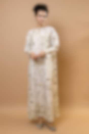 Ivory Pure Silk & Cotton Silk Printed Long Kaftan Set by Krishna Mehta at Pernia's Pop Up Shop