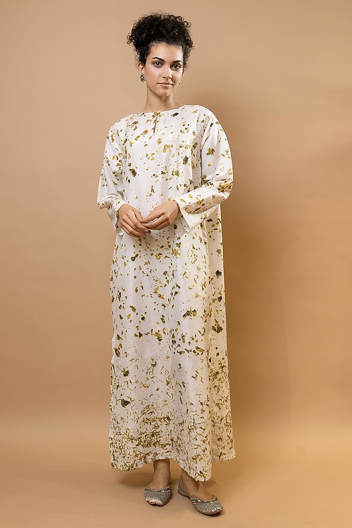 Ivory Pure Silk & Cotton Silk Printed Long Kaftan Set by Krishna Mehta at Pernia's Pop Up Shop