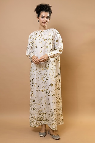 Ivory Pure Silk & Cotton Silk Printed Long Kaftan Set by Krishna Mehta