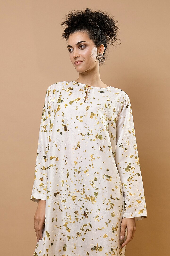 Ivory Pure Silk & Cotton Silk Printed Long Kaftan Set by Krishna Mehta at Pernia's Pop Up Shop