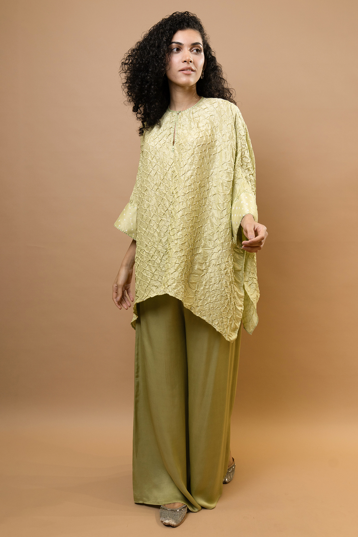 Green Silk Bandhej Kaftan Set by Krishna Mehta at Pernia's Pop Up Shop