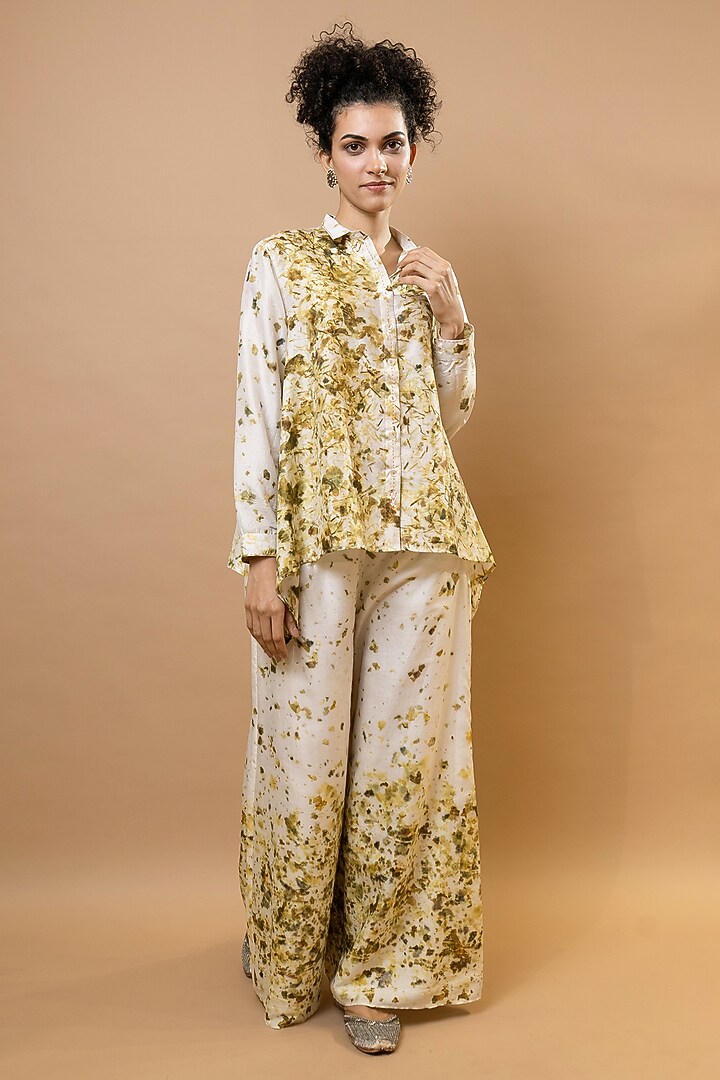 Ivory & Olive Silk Printed Co-Ord Set by Krishna Mehta at Pernia's Pop Up Shop